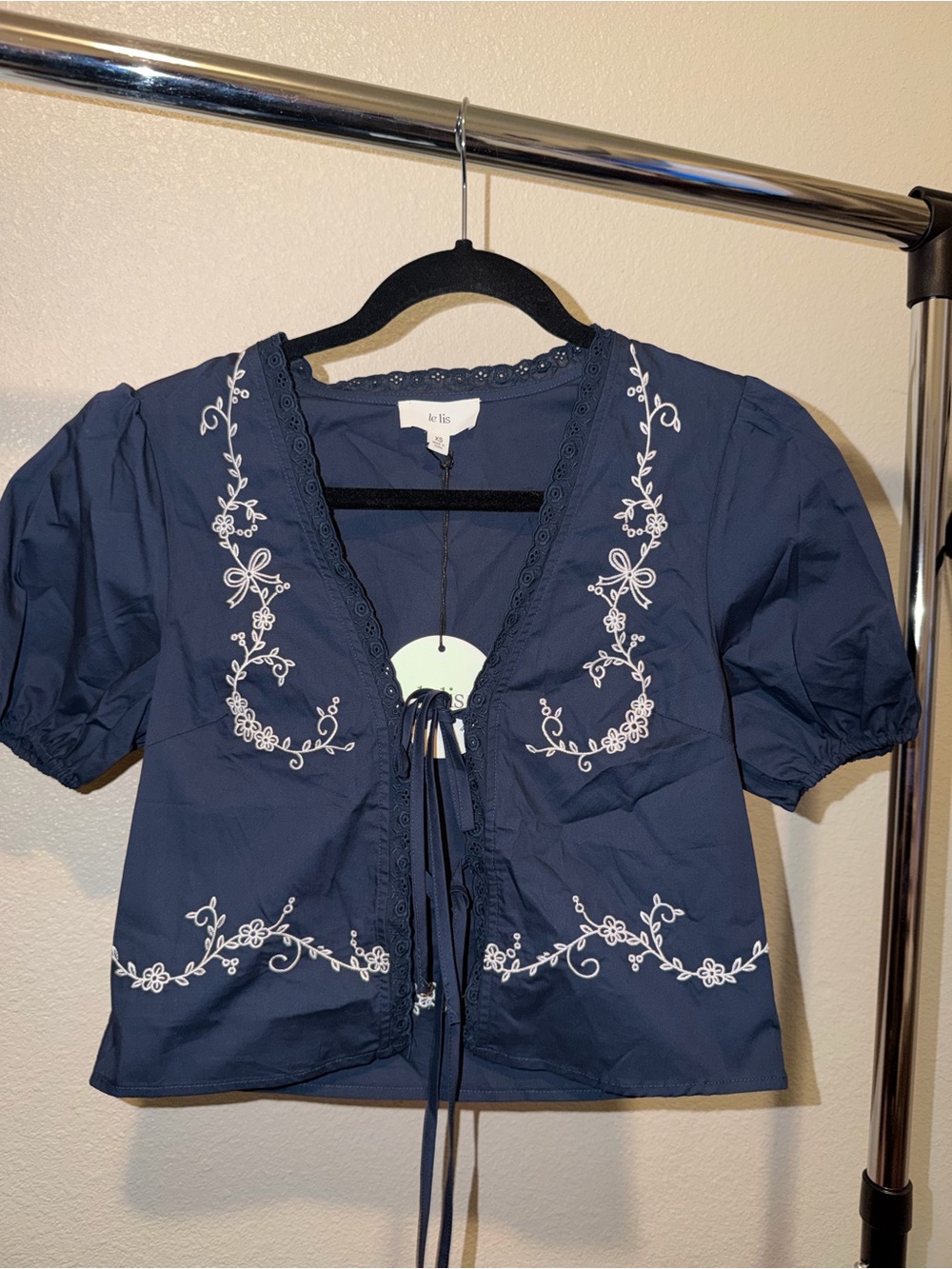Le Lis Navy Embroidered Tie-Front Crop Blouse